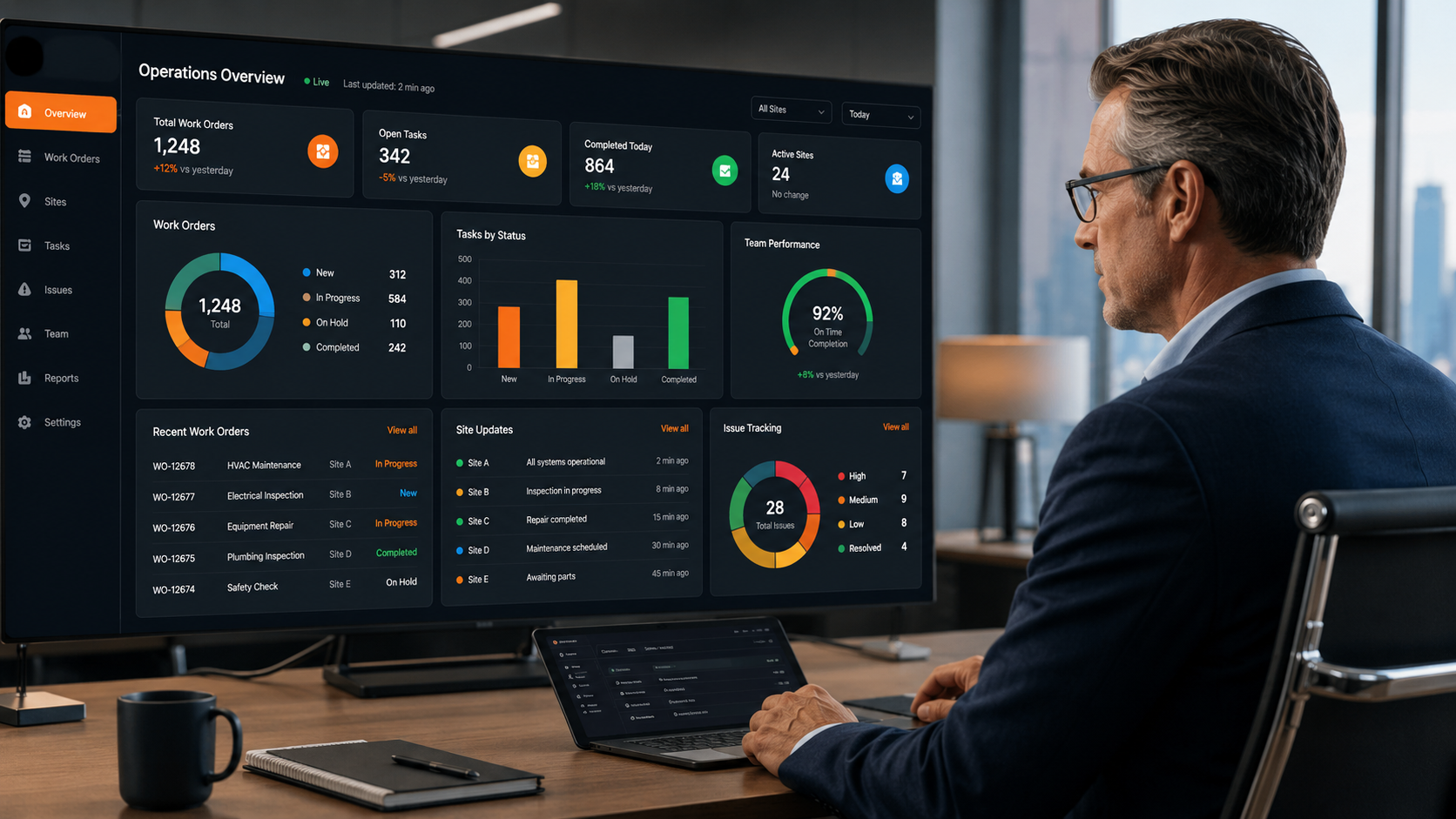 General Manager reviewing the Nexus operations dashboard to monitor tasks, work orders, reports and operational issues in real time.